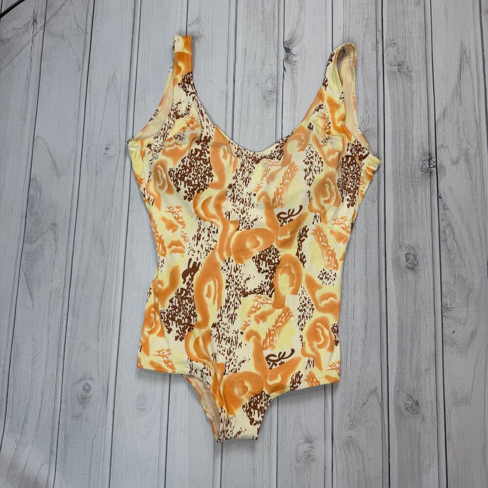 Vintage Style One Piece Swimsuit Size L Yellow Orange Abstract Retro